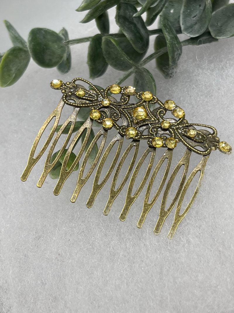 Yellow  crystal rhinestone 2.5”side comb Antique vintage style bridal Wedding shower sweet 16 birthday princess bridesmaid hair accessory