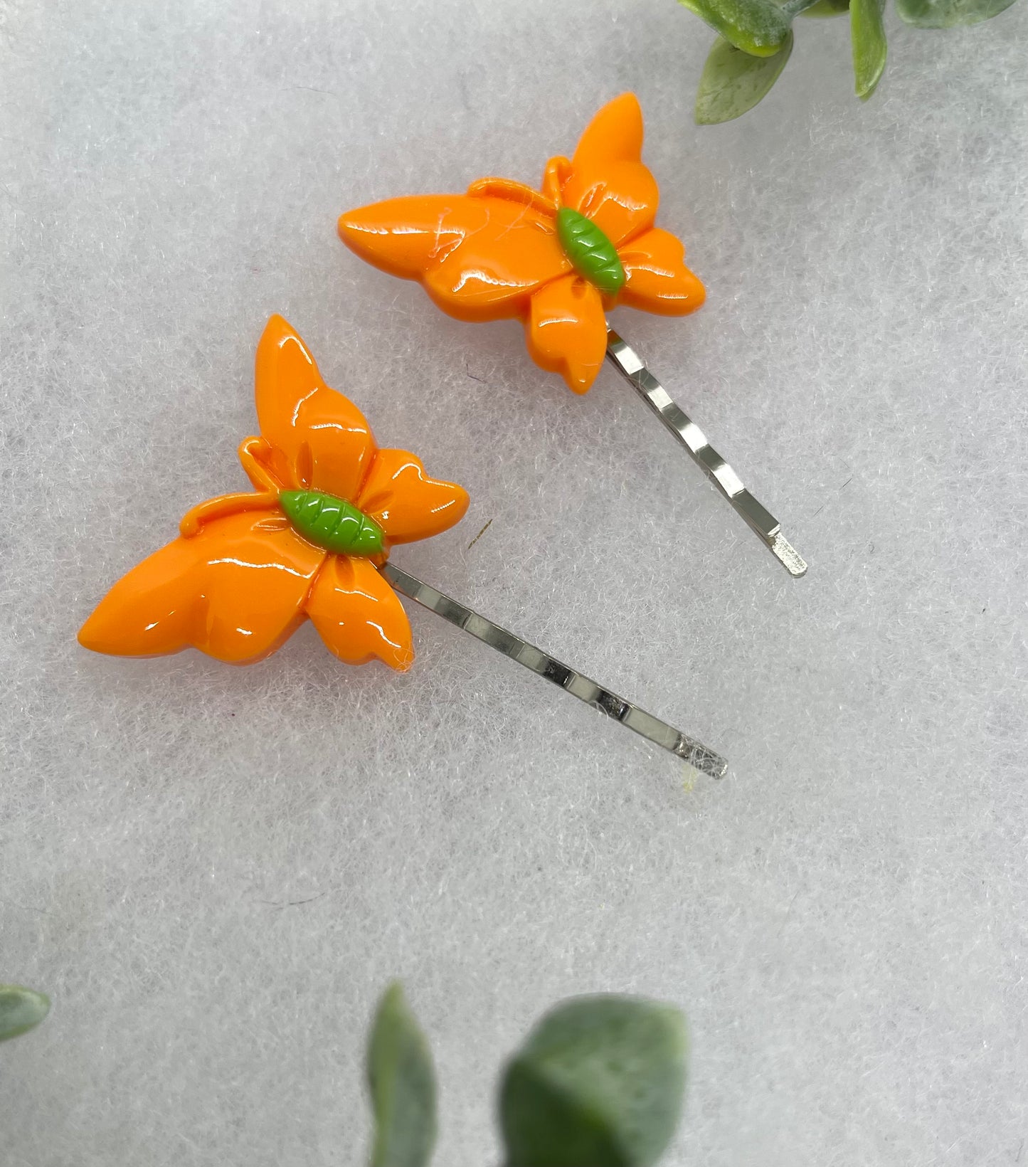 2 pc orange Butterfly hair pins approximately 2.0”silver tone formal hair accessory gift wedding bridal Hair accessory #011