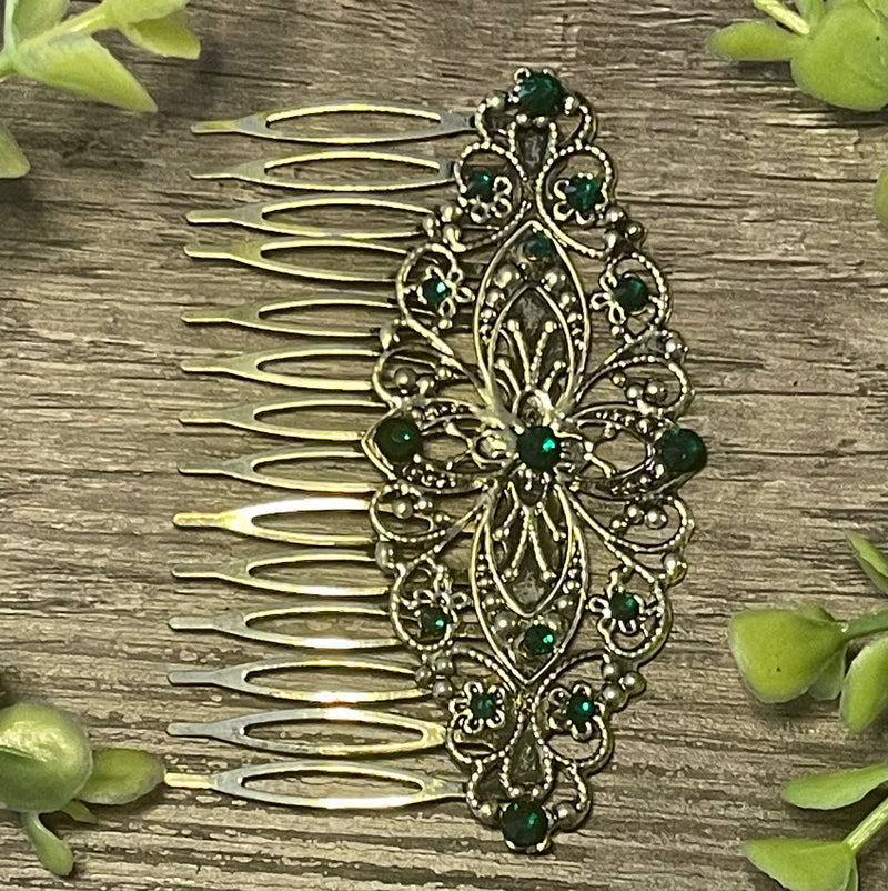 Emerald crystal rhinestone Comb on 3.5” antique Metal Hair Comb accessory Handmade Retro Bridal Prom