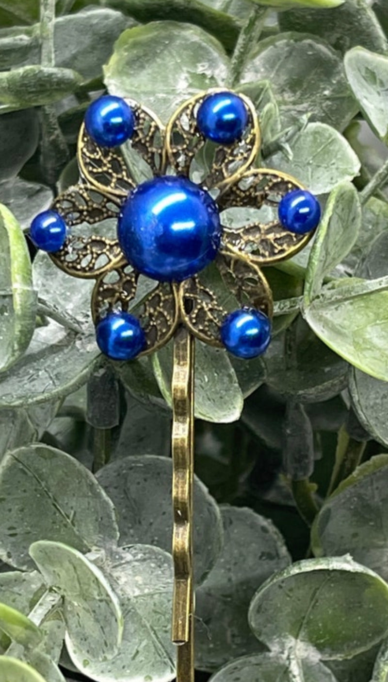 Royal Blue pearl vintage antique style hair pin approximately 2.5” long Handmade hair accessory bridal wedding Retro