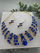 Royal blue Gold Crystal rhinestone necklace earrings set wedding engagement formal accessory