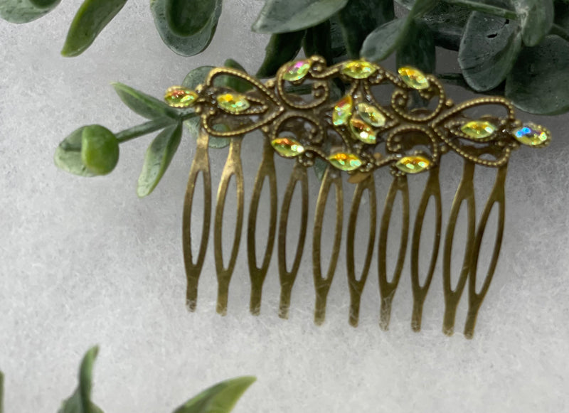 Yellow iridescent crystal vintage style antique hair accessories gift birthday event formal bridesmaid  2.5” Metal side Comb