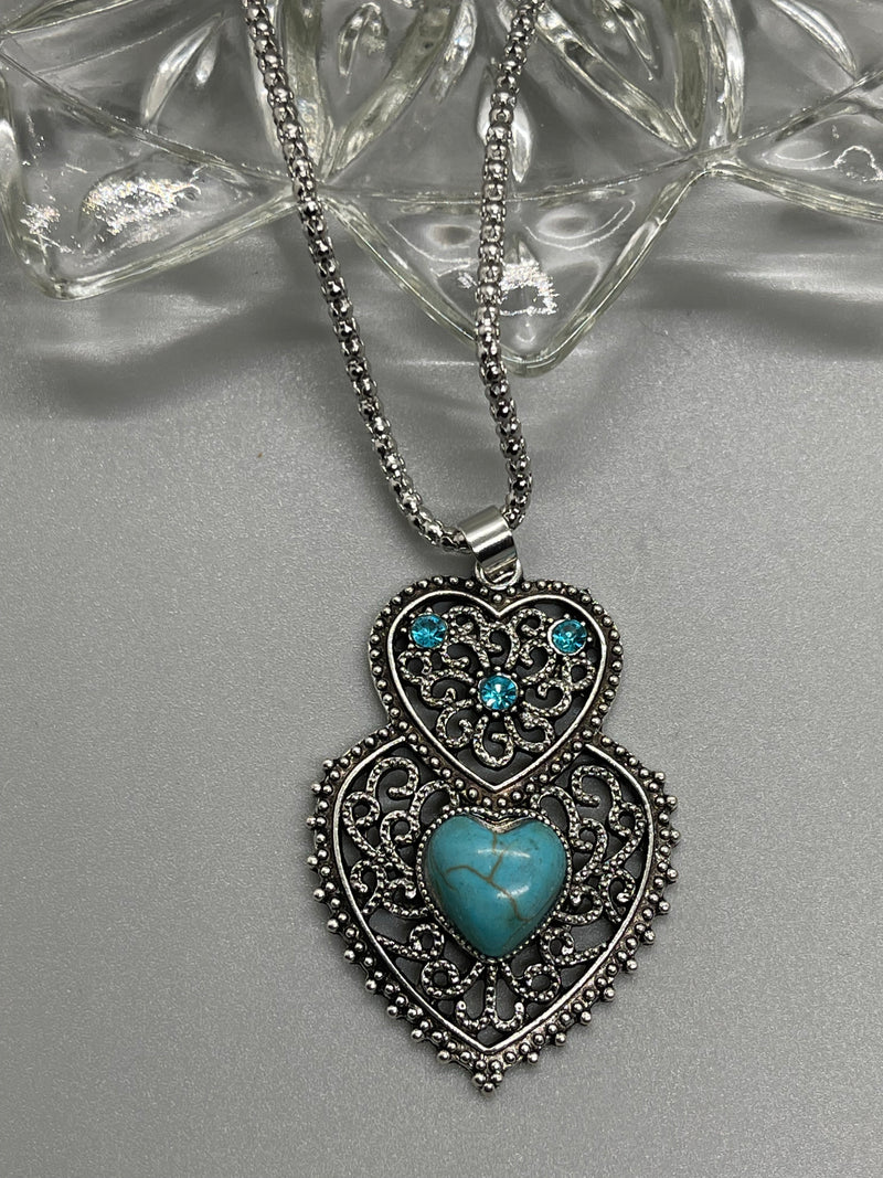 Antique vintage Turquoise hearts silver necklace earrings set