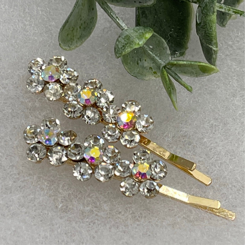 Iridescent Clear Crystal rhinestone flowers approximately 2.0” gold tone hair pins 2 pc set wedding bridal shower