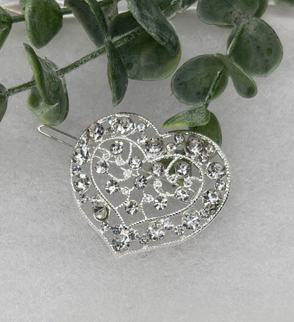 Clear Crystal rhinestone heart silver tone hair clip approximately 2.0” long hair accessory bridal wedding Retro Bridal Party Prom Birthday gifts