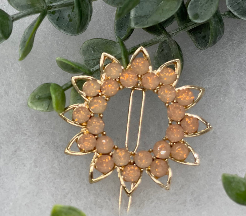 Peach crystal rhinestone sunflower approximately 2.5” barrette Gold vintage style bridal Wedding shower