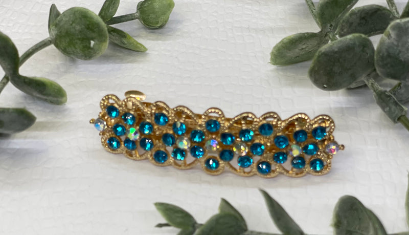 Teal Crystal rhinestone barrette approximately 3.0” gold tone formal hair accessories gift wedding bridesmaid