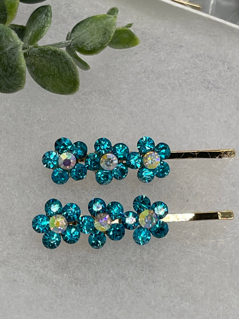 Teal blue crystal rhinestone flowers approximately 2.0” gold tone hair pins 2 pc set wedding bridal shower engagement