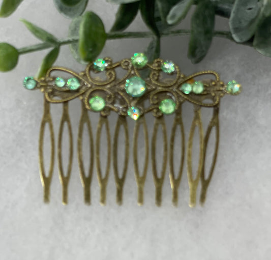 Green crystal rhinestone vintage style antique  tone side comb hair accessory accessories gift birthday event formal bridesmaid  2.5” Metal side Comb