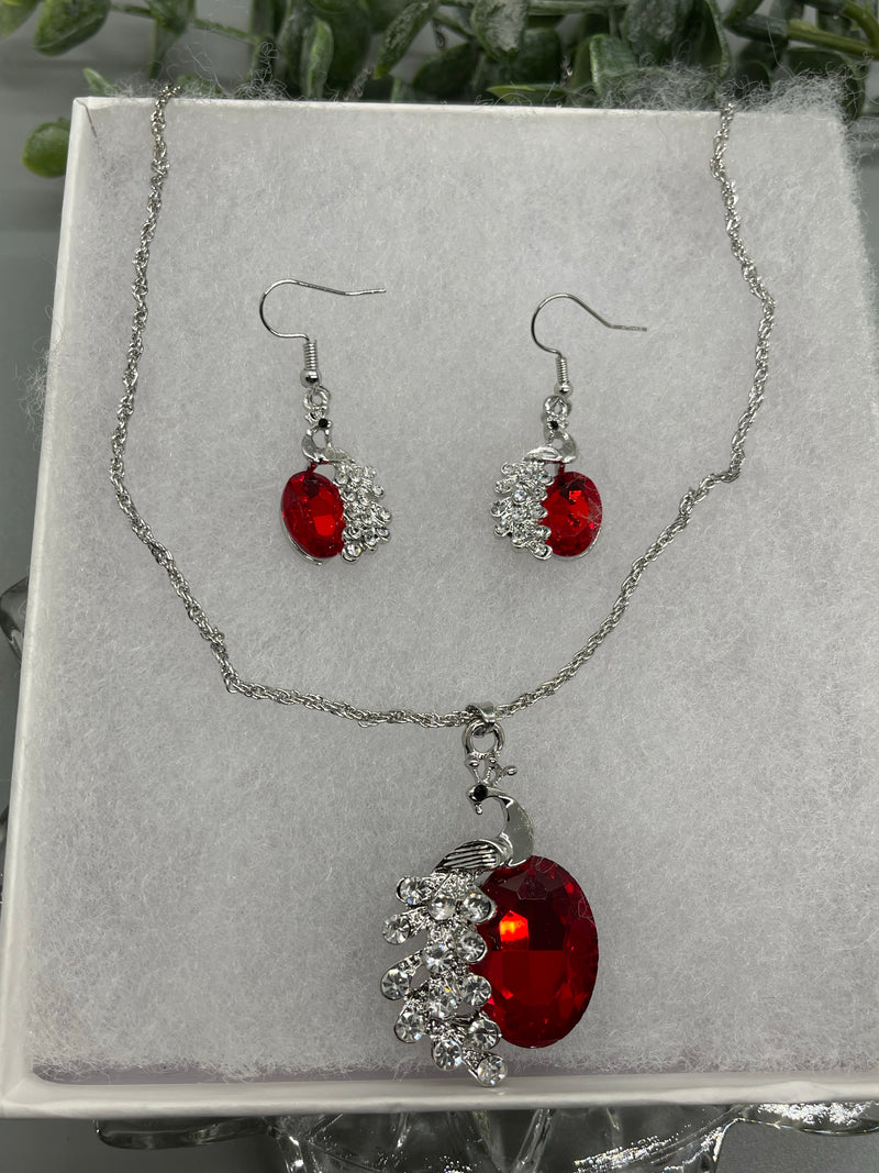 Ruby Red silver rhinestone crystal necklace earrings set engagement formal accessory bride princess jewelry