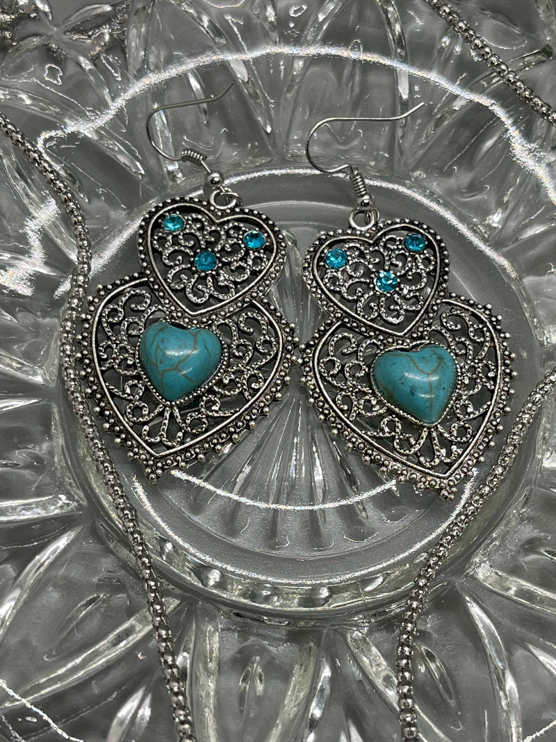 Antique vintage Turquoise hearts silver necklace earrings set