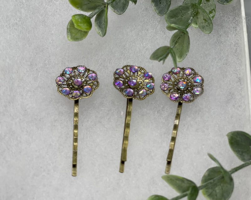 Purple rainbow  crystal  3 pc set Antique vintage Style approximately 3.0” flower hair pin wedding engagement bride princess formal hair accessories