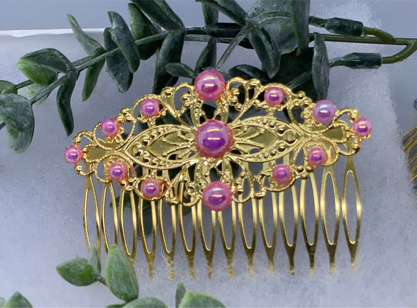 Pink purple  pearls vintage style  Gold  tone side comb hair accessory accessories gift birthday event formal bridesmaid  3.5” Metal side Comb