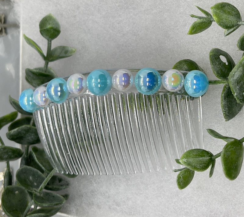 Iridescent light blue  white faux pearl side comb 3.0” clear  plastic hair accessory bridal wedding Retro Bridal Party Prom Birthday gifts