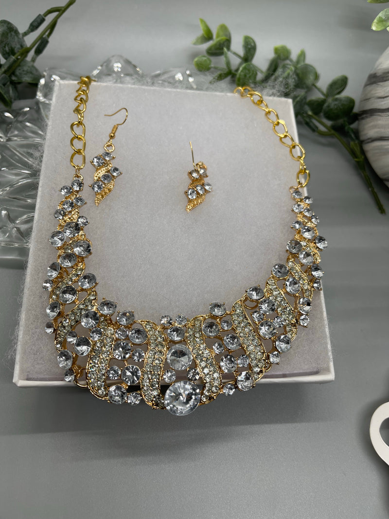 Crystal gold rhinestone necklace earrings set wedding engagement formal accessory