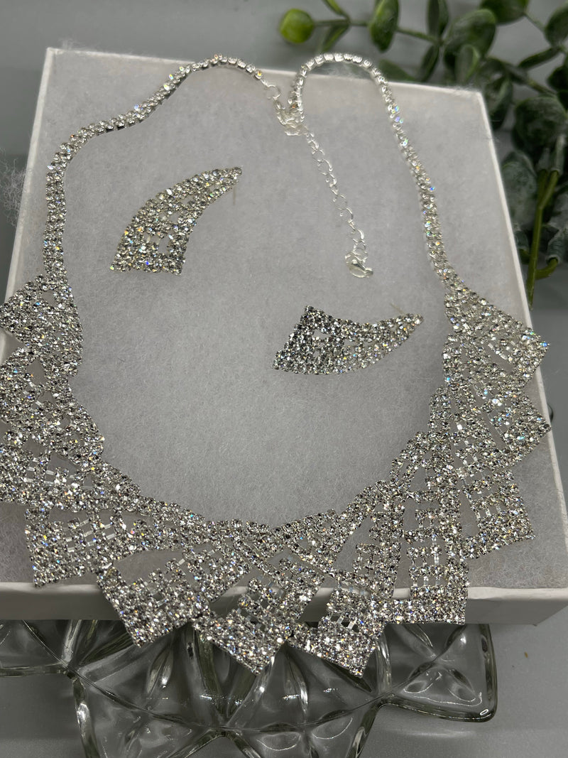 Elegant crystal rhinestone silver necklace Rhinestone Jewelry Sets earring necklace wedding engagement Length:Approx 17.5 “