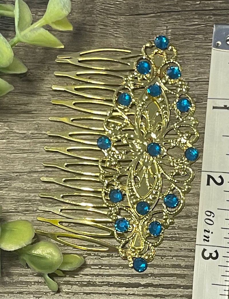 Sapphire teal crystal rhinestone Comb on 3.5” Gold Metal Hair Comb accessory Handmade Retro Bridal Party Prom