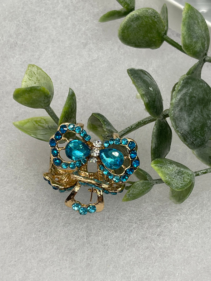 Teal blue crystal rhinestone approximately 1.0” gold tone hair claw wedding bridal shower engagement formal princess accessory accessories