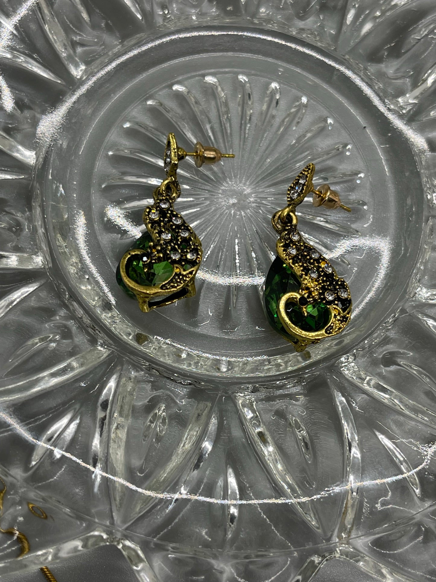 Green peacock crystal rhinestone necklace earrings set 17.7” wedding formal accessory gift bridal shower engagement accessory
