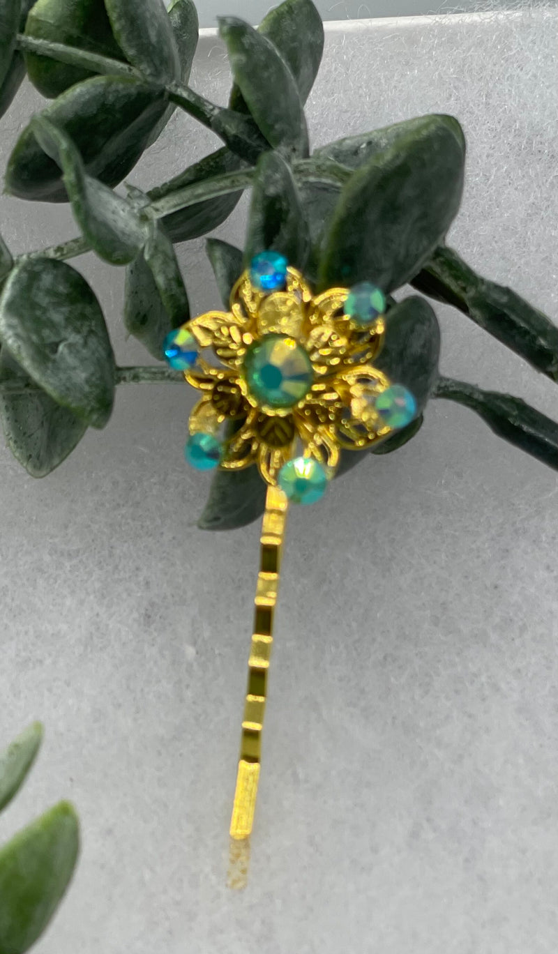 iridescent Teal crystal Gold Antique vintage Style approximately 3.0” flower hair pin wedding engagement bride princess