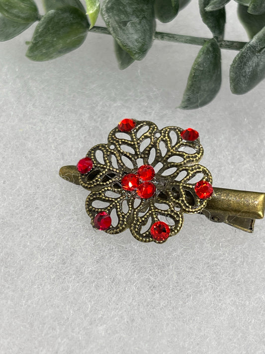 Red  crystal rhinestone  flower 2.0”alligator clip  Antique vintage style bridal Wedding shower sweet 16 birthday princess bridesmaid hair accessory