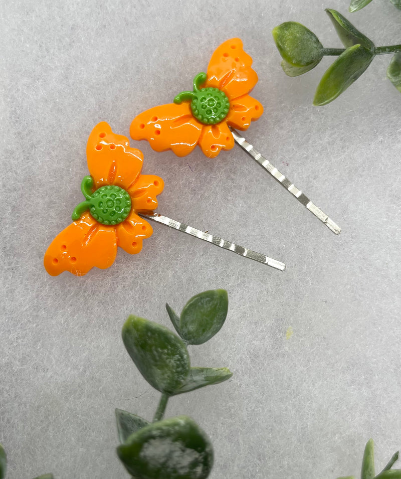 2 pc Orange Butterfly hair pins approximately 2.0”silver tone formal hair accessory gift wedding bridal Hair accessory