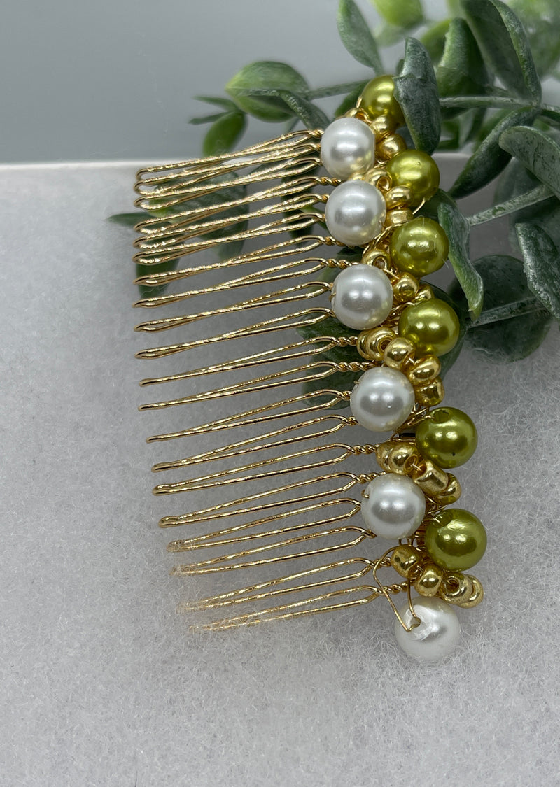 Olive green  gold beaded side Comb 3.5” gold Metal hair Accessories bridesmaid birthday princess wedding gift handmade accessories