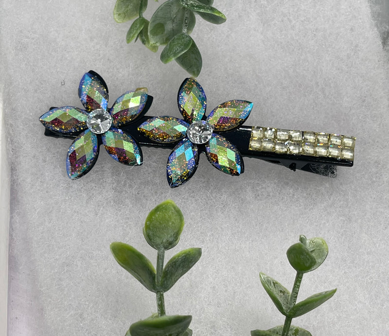 Iridescent Crystal flower hair clip approximately 4.0” black tone formal hair accessory gift wedding bridal engagement