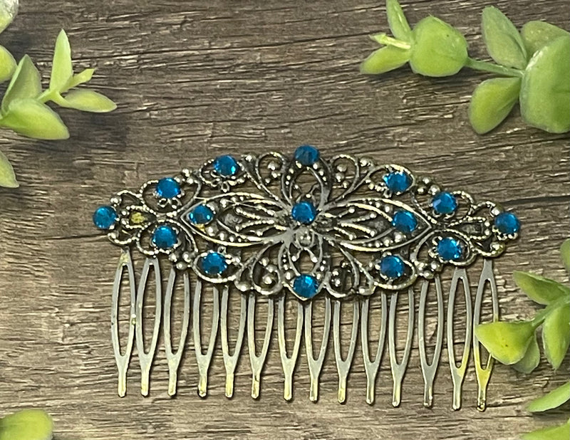 Sapphire teal crystal rhinestone Comb on 3.5” antique Metal Hair Comb accessory Handmade Retro Bridal Prom