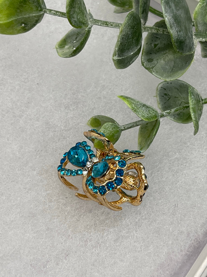 Teal blue crystal rhinestone approximately 1.0” gold tone hair claw wedding bridal shower engagement formal princess accessory accessories