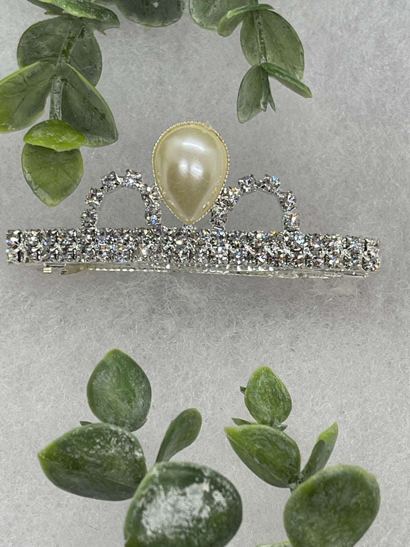 Teardrop Pearl Crown Crystal hair barrette approximately 3.0” silver  tone formal hair accessory wedding bridal