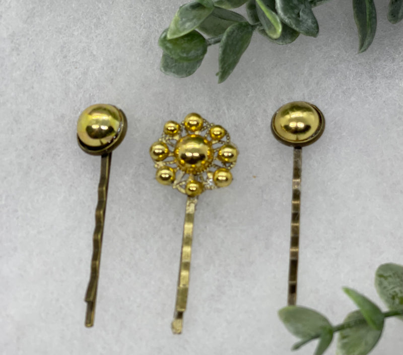 Gold faux pearl 3 pc set Antique vintage Style approximately 3.0” flower hair pin wedding engagement bride princess formal hair accessories