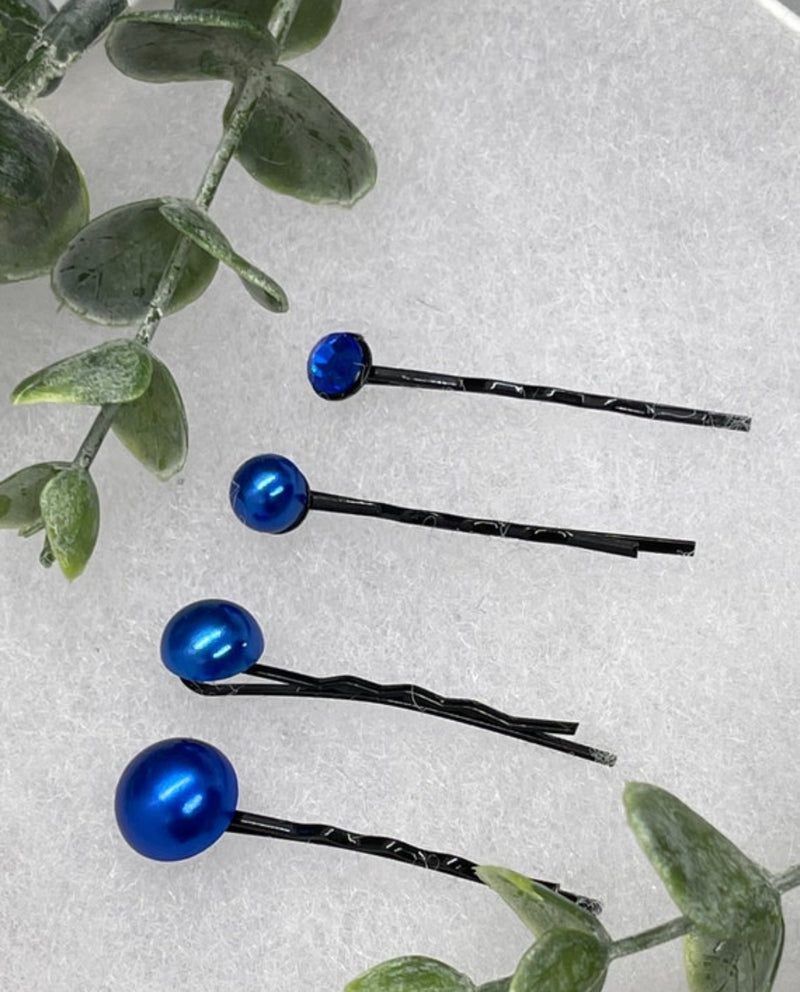 Royal blue faux Pearl 4pc set vintage antique style hair pin approximately 2.5” long Handmade hair accessory bridal wedding Retro