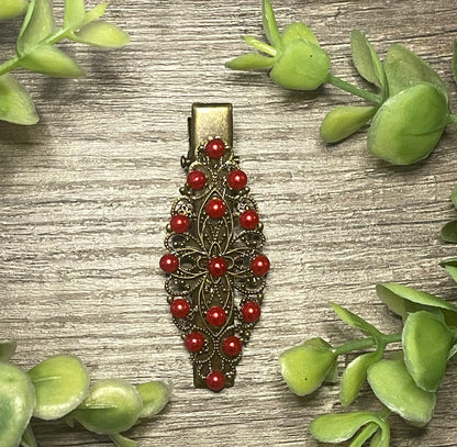 Red faux Pearl antique style hair alligator clip approximately 2.5” long Handmade hair accessory bridal wedding