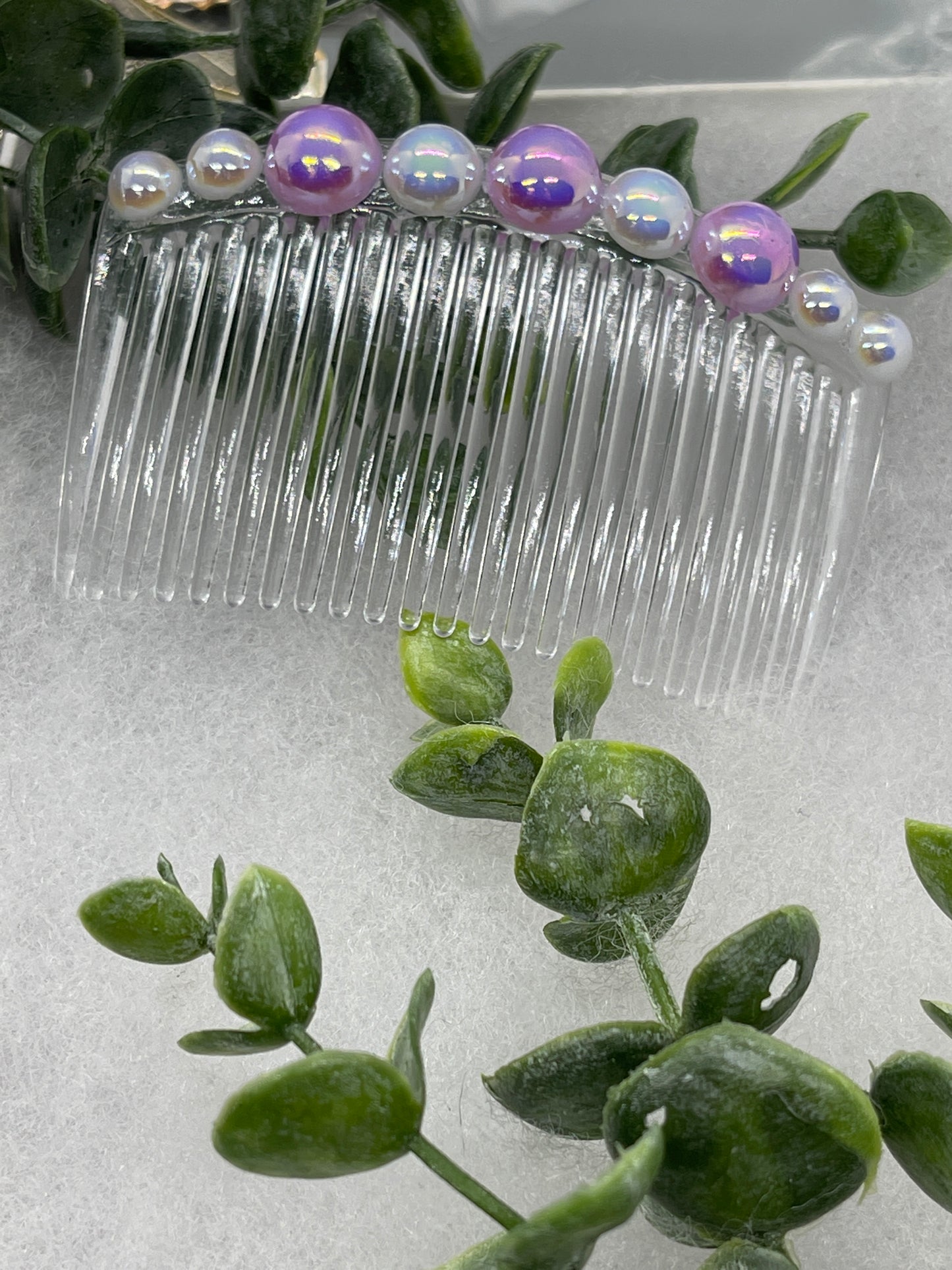 Iridescent Lavender white faux pearl side comb 3.5” clear  plastic hair accessory bridal wedding Retro Bridal Party Prom Birthday gifts