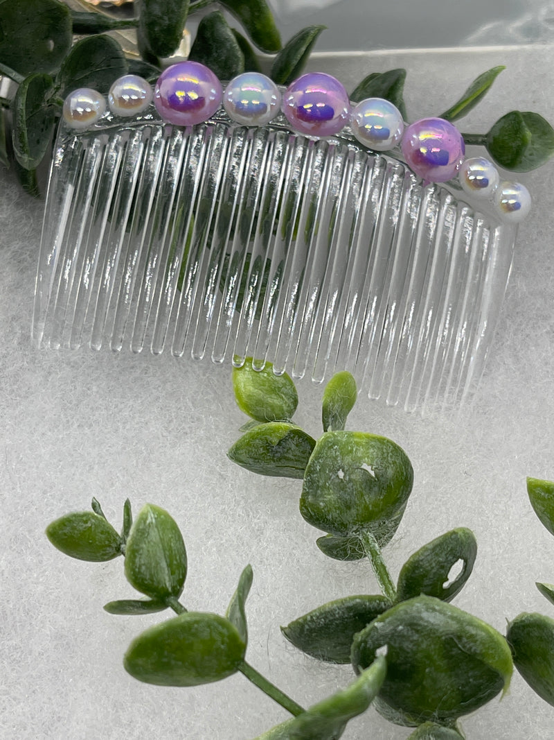 Iridescent Lavender white faux pearl side comb 3.5” clear  plastic hair accessory bridal wedding Retro Bridal Party Prom Birthday gifts