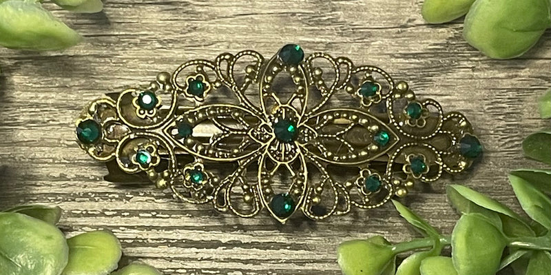 Emerald green crystal barrette Vintage Style 3.5”antique tone Metal bridal wedding shower birthday princess prom