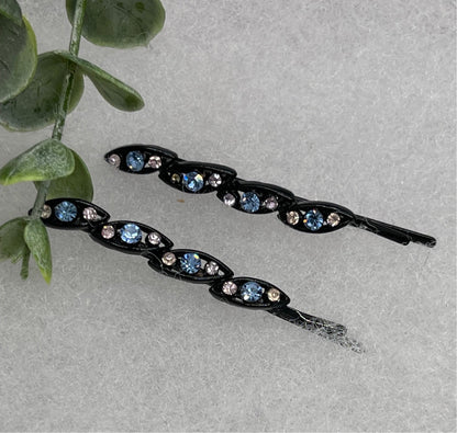 Blue crystal rhinestone approximately 2.5” black tone hair pins 2 pc set wedding bridal shower engagement formal princess accessory accessories