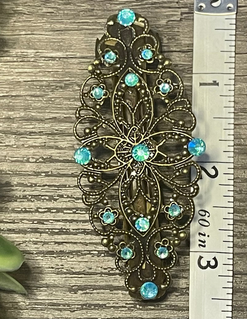 Aqua crystal barrette Vintage Style 3.5”antique tone Metal bridal wedding shower birthday princess prom gift accessories