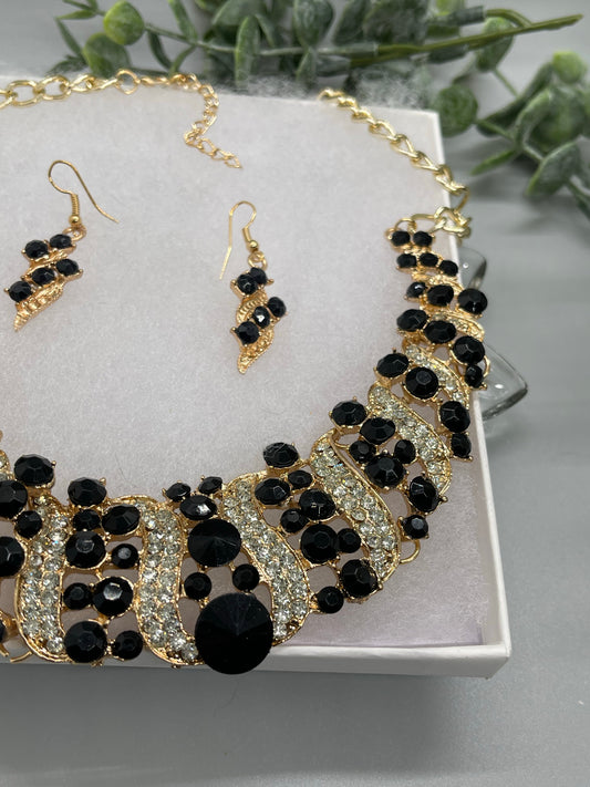 Black gold crystal rhinestone necklace earrings set wedding engagement formal accessory