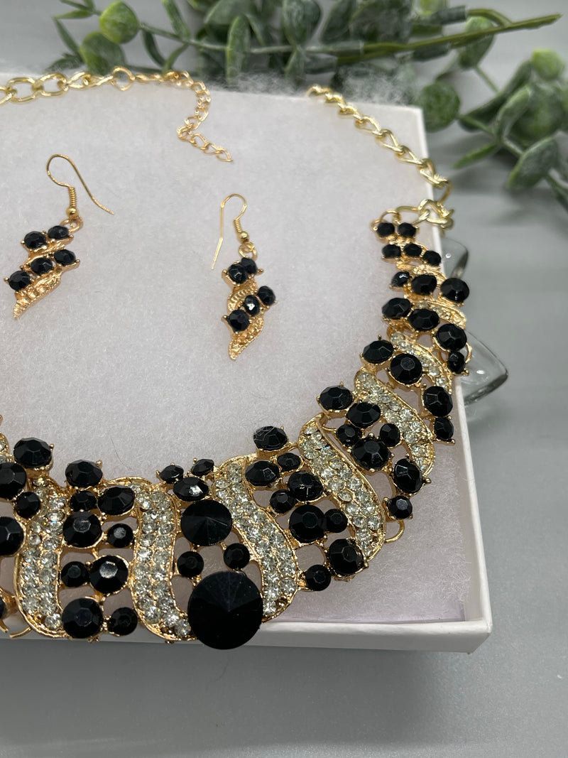 Black gold crystal rhinestone necklace earrings set wedding engagement formal accessory