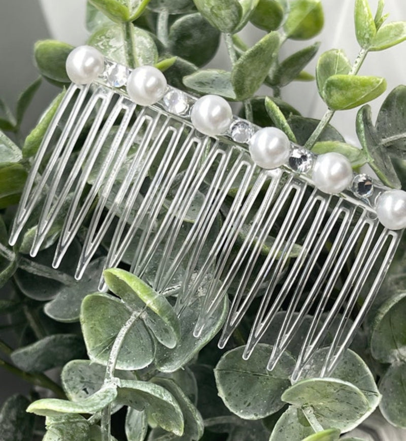 White bridal crystal Rhinestone Pearl hair comb accessory side Comb 3.5” clear plastic side Comb