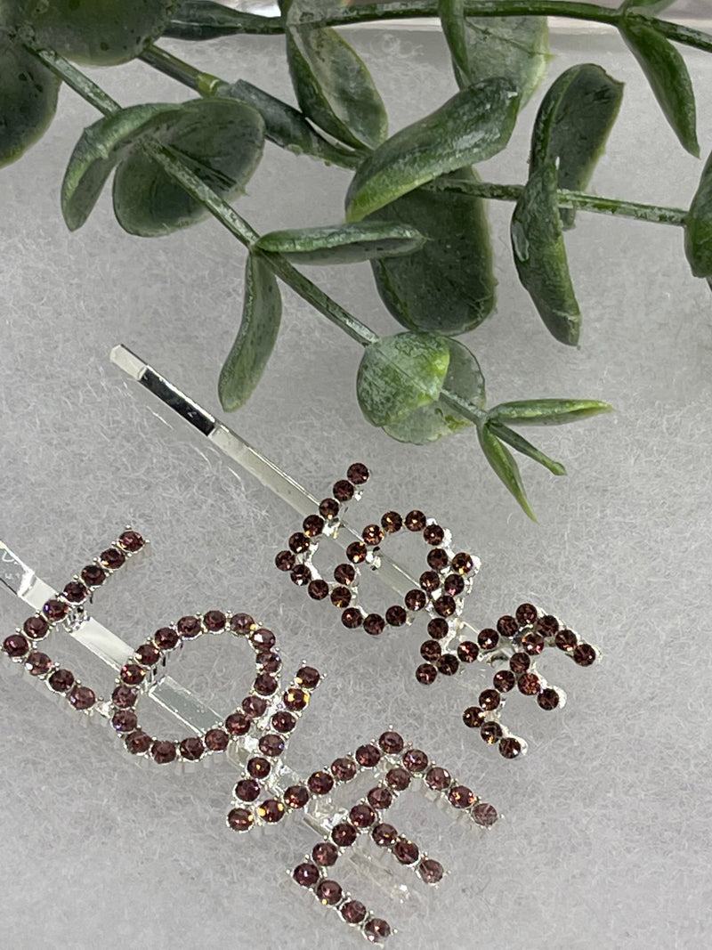 Brown Crystal Rhinestone 2 pc set hair pins LOVE letter’s