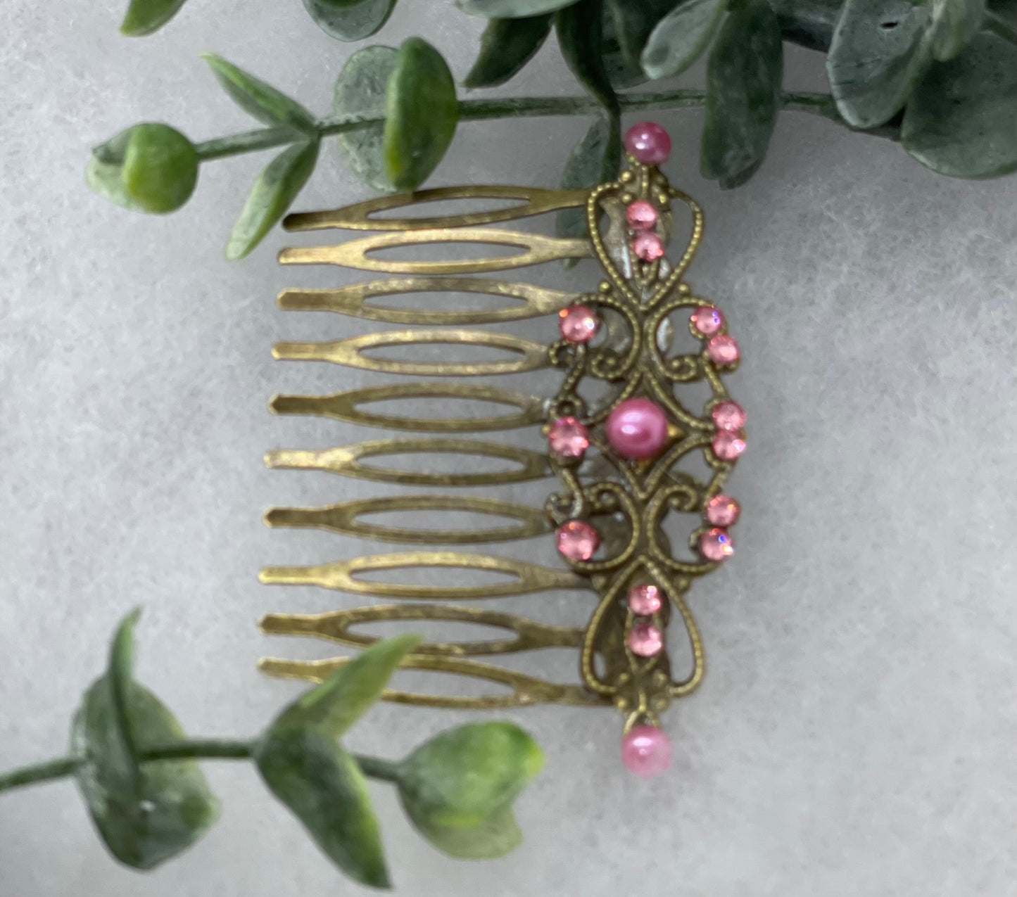 Pink crystal rhinestone pearl vintage style antique  hair accessories gift birthday event formal bridesmaid  2.5” Metal side Comb #153