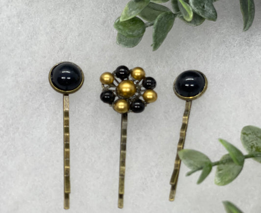 Black Gold faux pearl 3 pc set Antique vintage Style approximately 3.0” flower hair pin wedding engagement bride princess formal hair accessories
