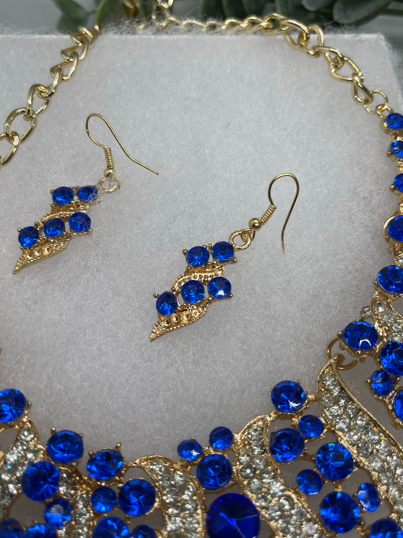 Royal blue Gold Crystal rhinestone necklace earrings set wedding engagement formal accessory