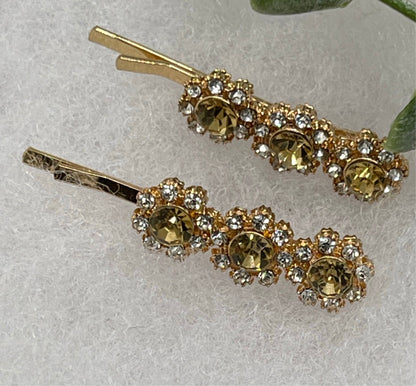 Gold crystal rhinestone approximately 2.0” gold tone hair pins 2 pc set wedding bridal shower engagement formal princess accessory accessories