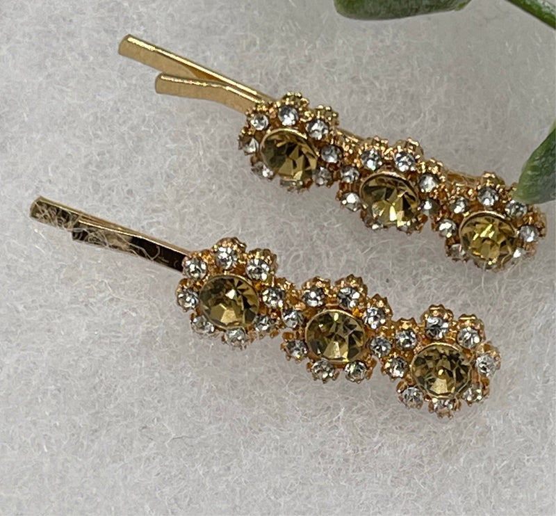 Gold crystal rhinestone approximately 2.0” gold tone hair pins 2 pc set wedding bridal shower engagement formal princess accessory accessories