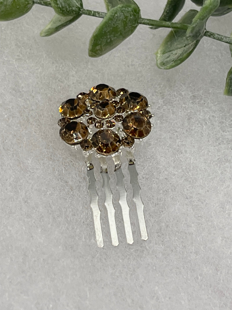 Brown crystal rhinestone flower approximately 2.0” hair side comb wedding bridal shower engagement formal princess accessory accessories