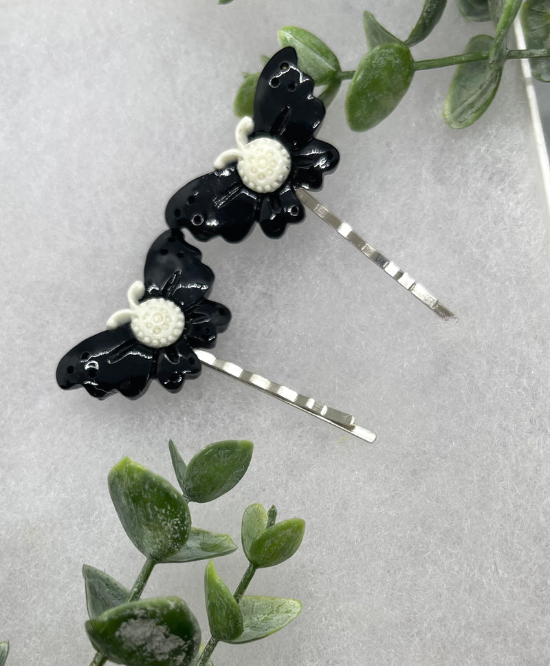 2 pc black white Butterfly hair pins approximately 2.0”silver tone formal hair accessory gift wedding bridal Hair accessory